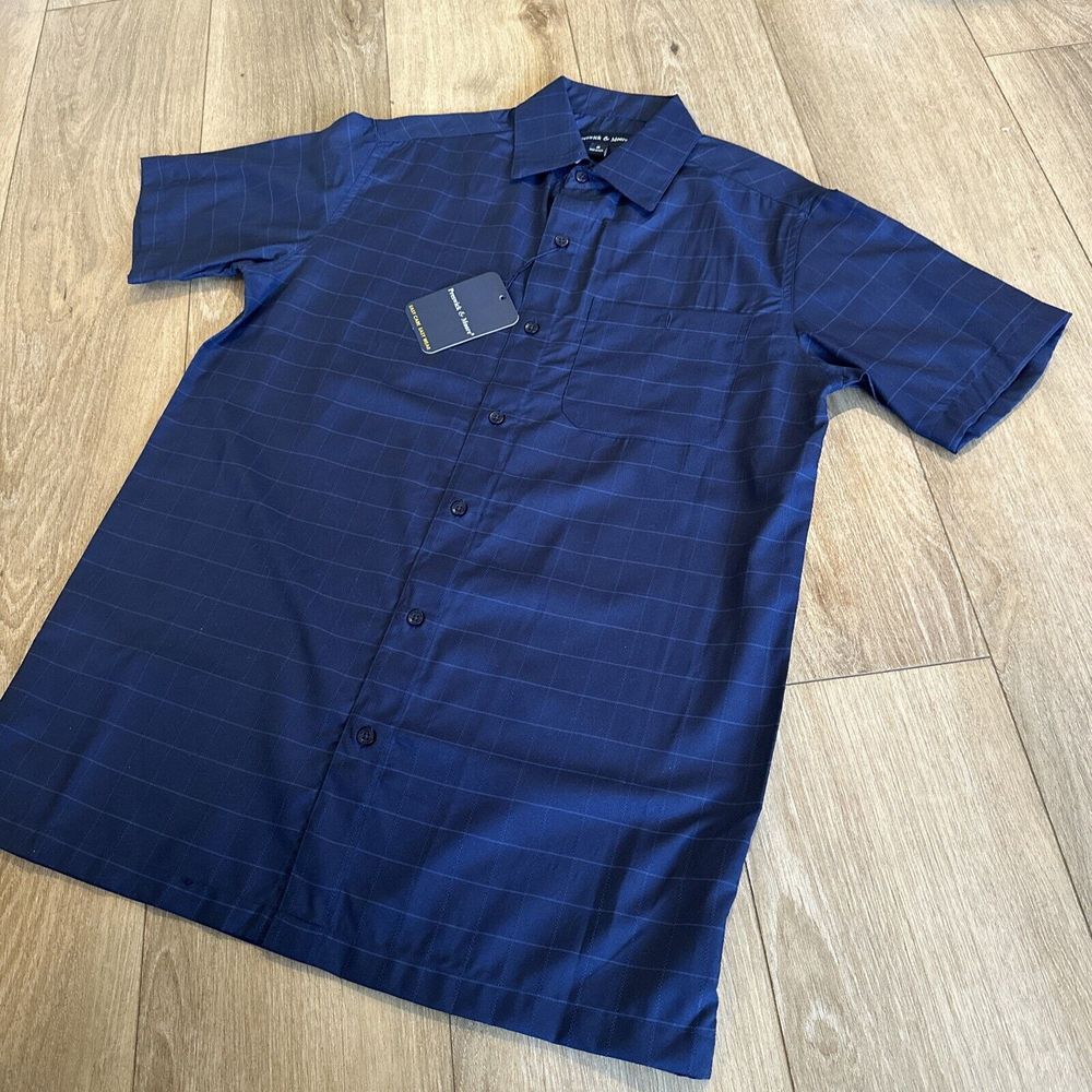Preswick & Moore Men's Short Sleeve Button Down Easy‎ Care Shirt Navy Small NEW